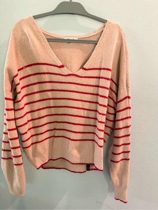 Madewell Sweaters - Madewell Cream V-Neck Sweater with Red Stripes